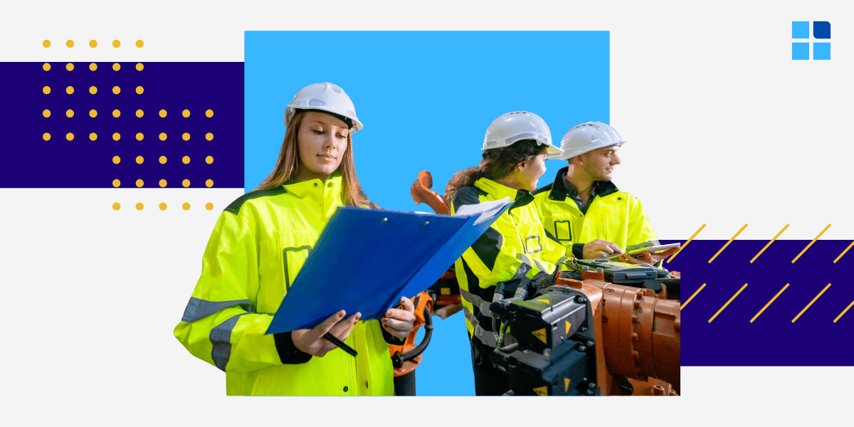 Three construction workers in yellow safety jackets and helmets work with machinery.