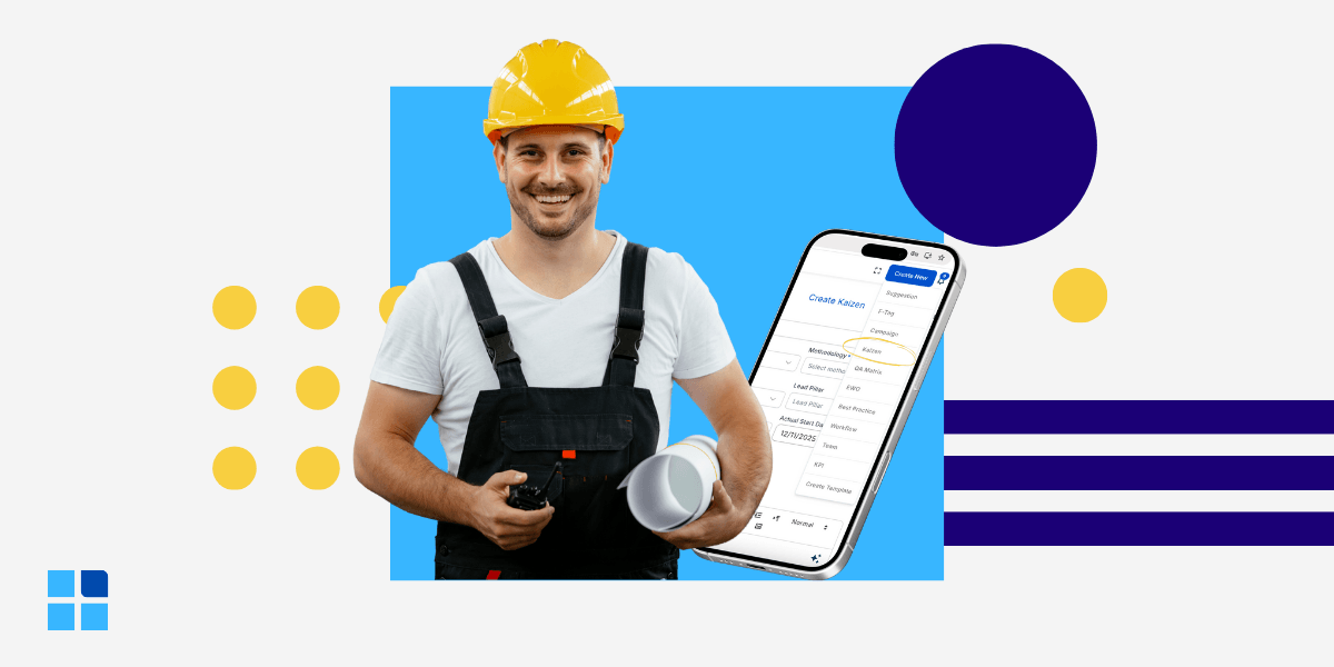 A smiling industrial worker in a hard hat holds blueprints next to a large smartphone displaying a digital "Create Kaizen" submission interface.