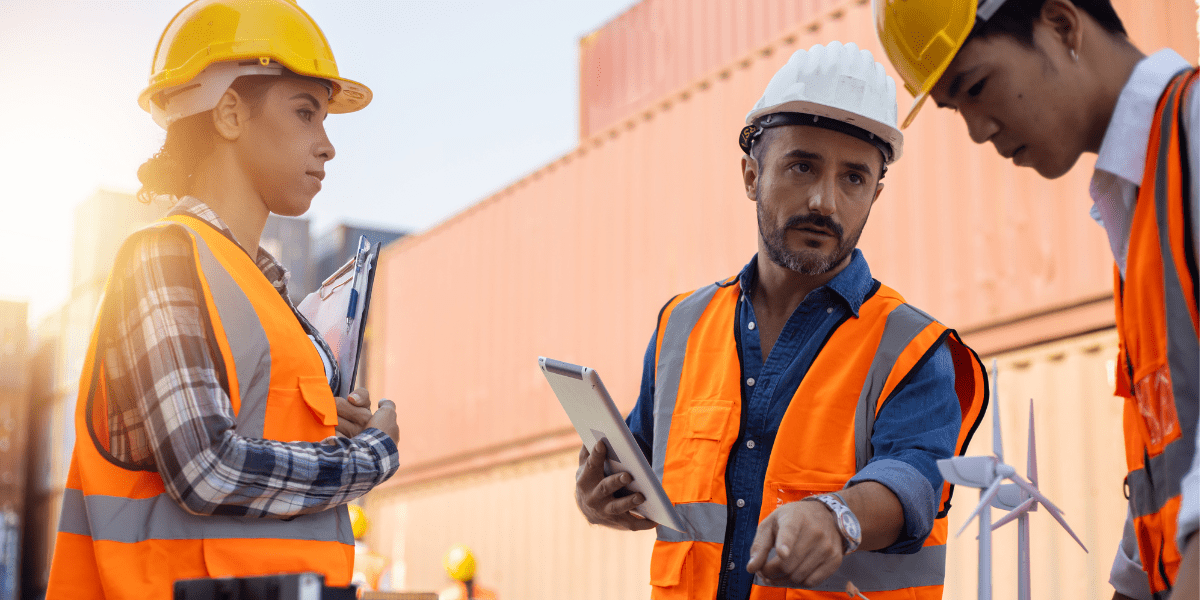 Three diverse engineers in hard hats and vests discuss a wind turbine model. One holds a tablet as they stand in a shipping container yard.