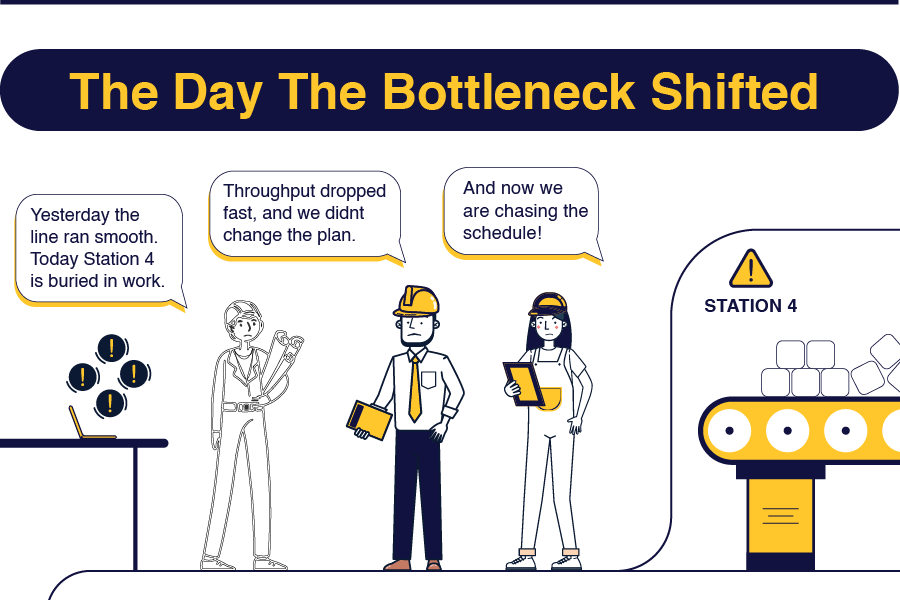 Manufacturing bottleneck elimination showing five proven strategies delivering 40-60% throughput improvement through systematic constraint management