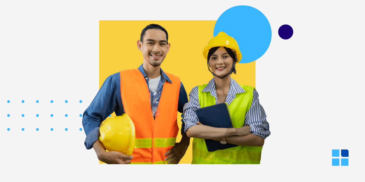 Two smiling construction workers stand side by side on a colorful background.