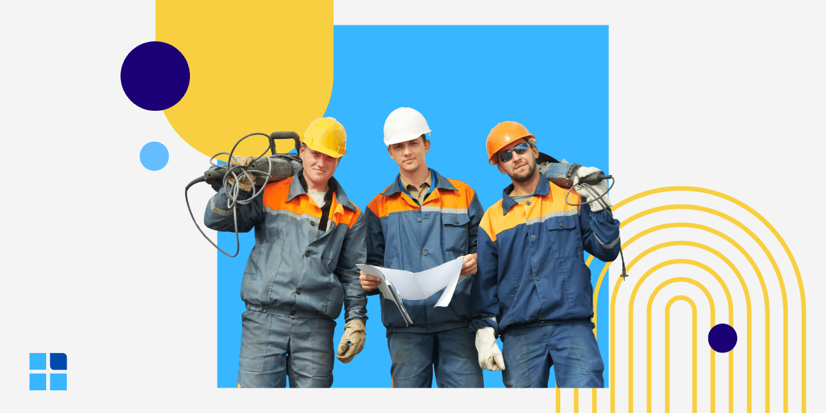 Three construction workers in hard hats (People), one holding blueprints (Process) and two holding power tools (Technology), representing the PPT framework.