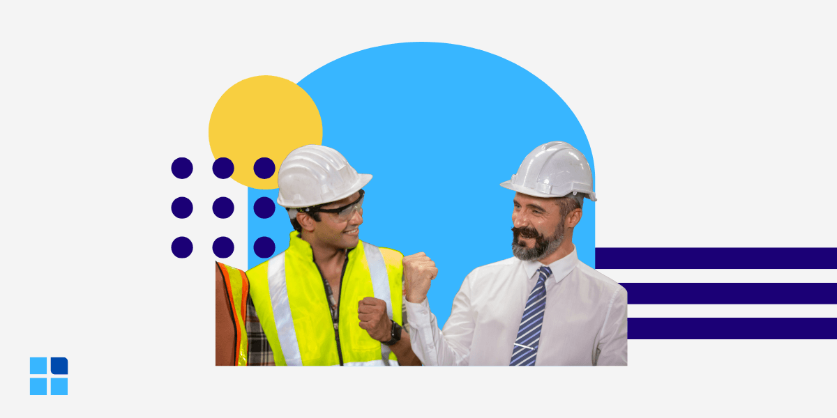 Two diverse industrial workers in safety vests and hard hats smile and look optimistically toward the future, representing a world-class manufacturing team.