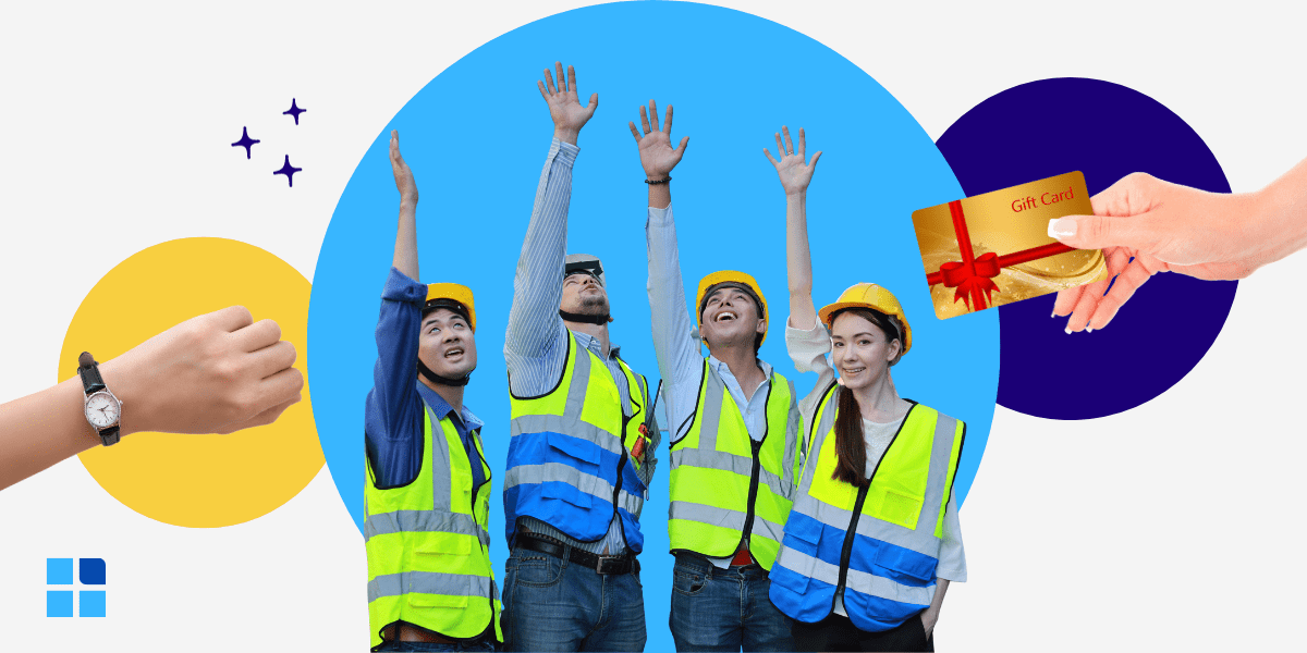 Four construction workers in safety vests and helmets raise their hands joyfully.