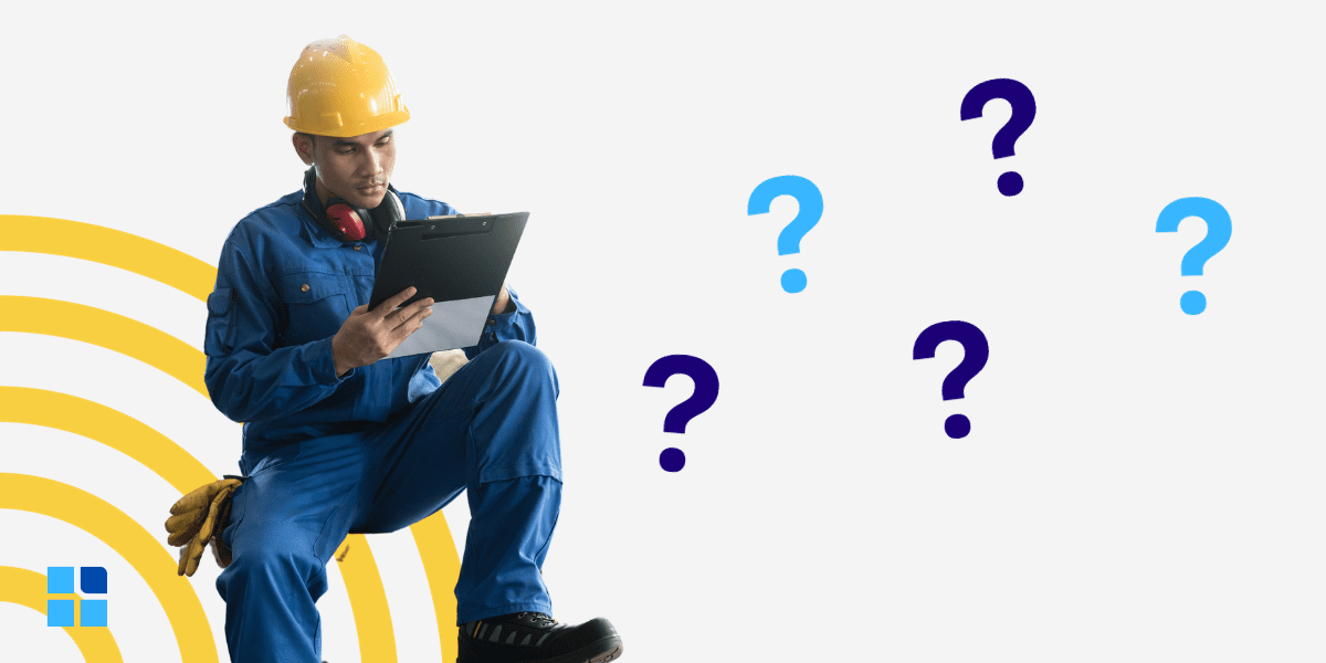 A worker in a blue uniform & yellow hard hat reads a clipboard, surrounded by question marks.
